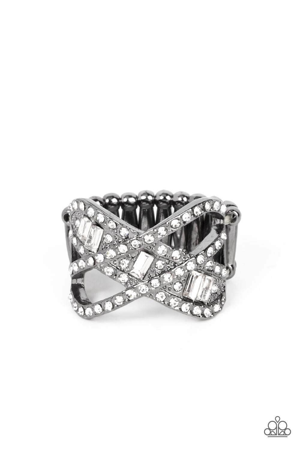 Triple Threat Twinkle - Black Gunmetal White Rhinestone Ring Paparazzi R0018