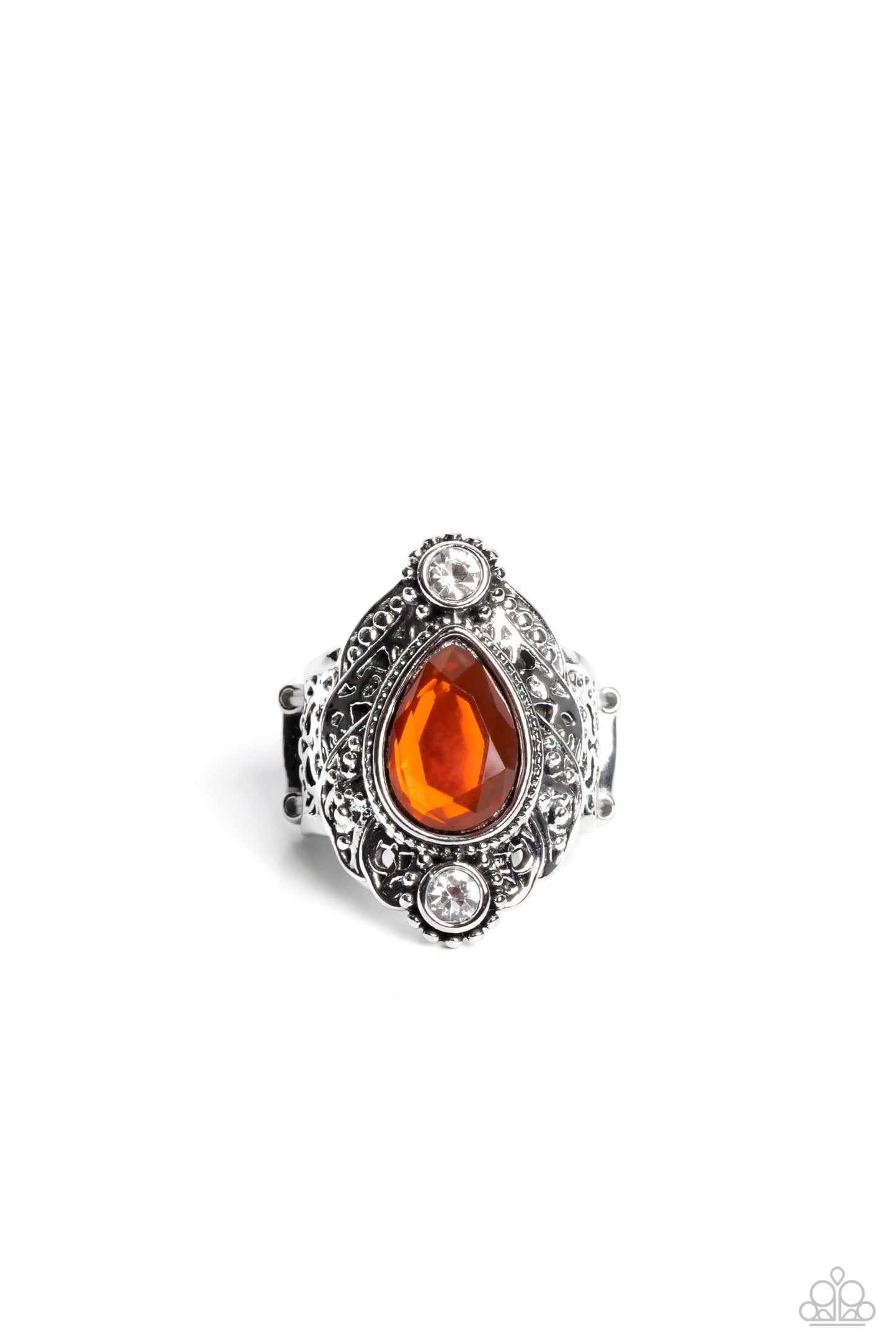 Mystical Mania - Orange - Burnt Orange & White Rhinestone Teardrop Ring Paparazzi R0531