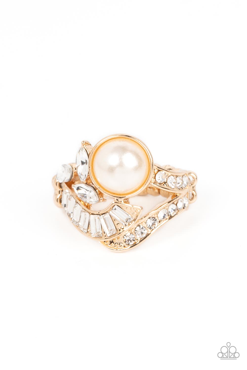 SELFIE-Made Millionaire - Gold, White Pearl & Rhinestone Ring Paparazzi R0527