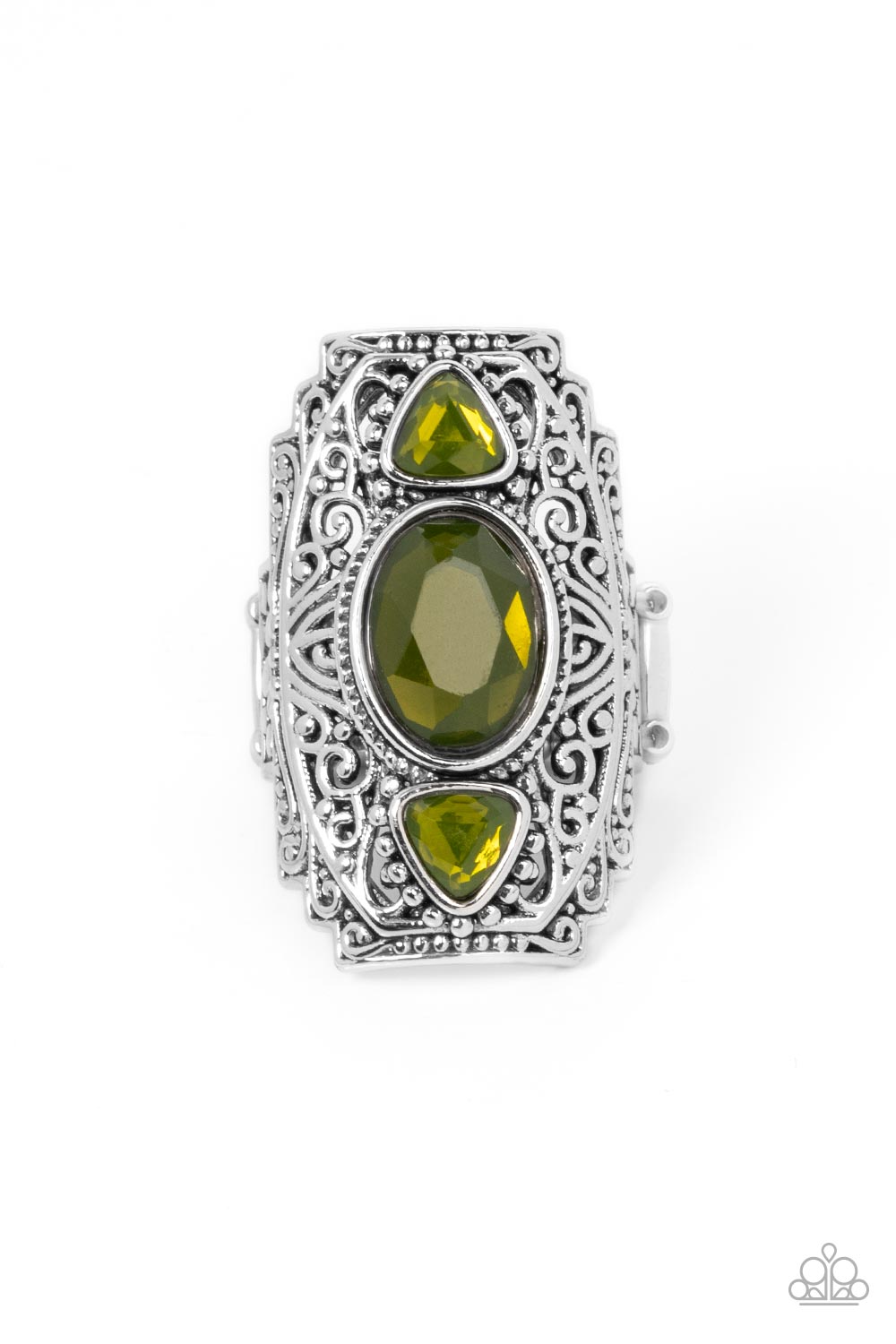 Castle Terrace - Green Olive Bead & Silver Vine Motif Ring Paparazzi R0437