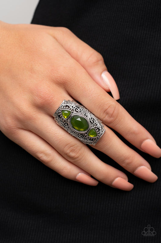 Castle Terrace - Green Olive Bead & Silver Vine Motif Ring Paparazzi R0437