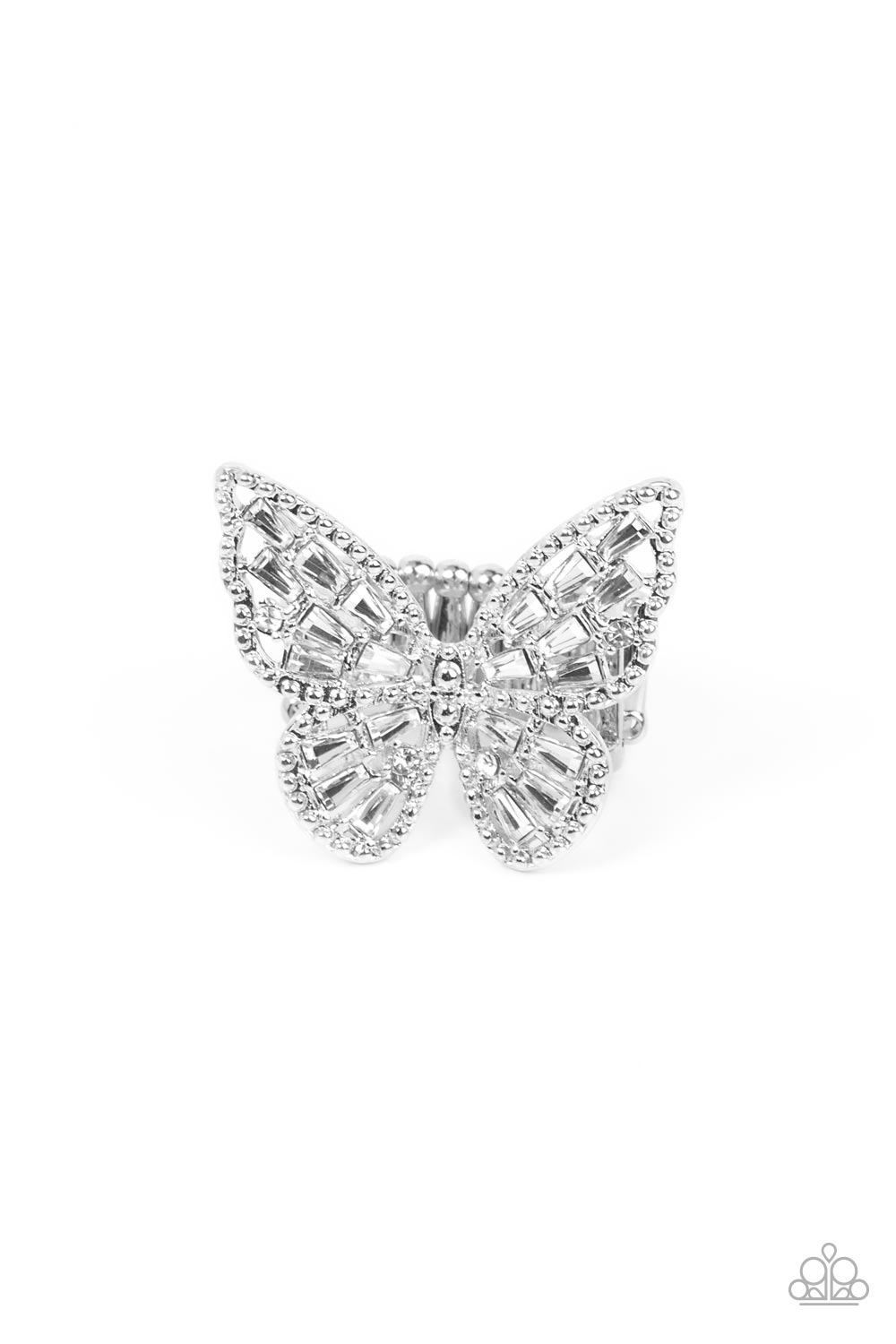 Bright-Eyed Butterfly - White Rhinestone Butterfly Ring Paparazzi R0071