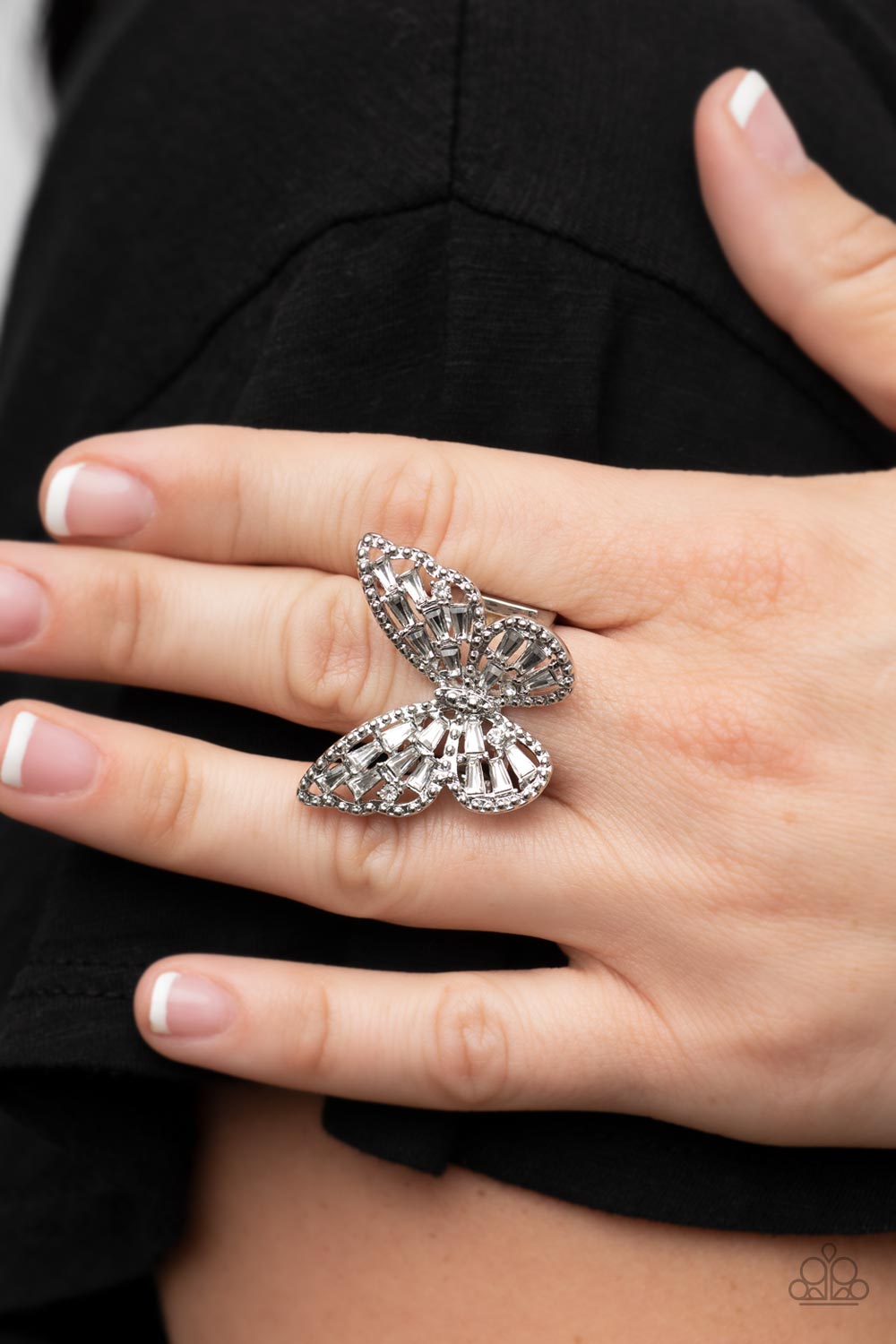 Bright-Eyed Butterfly - White Rhinestone Butterfly Ring Paparazzi R0071