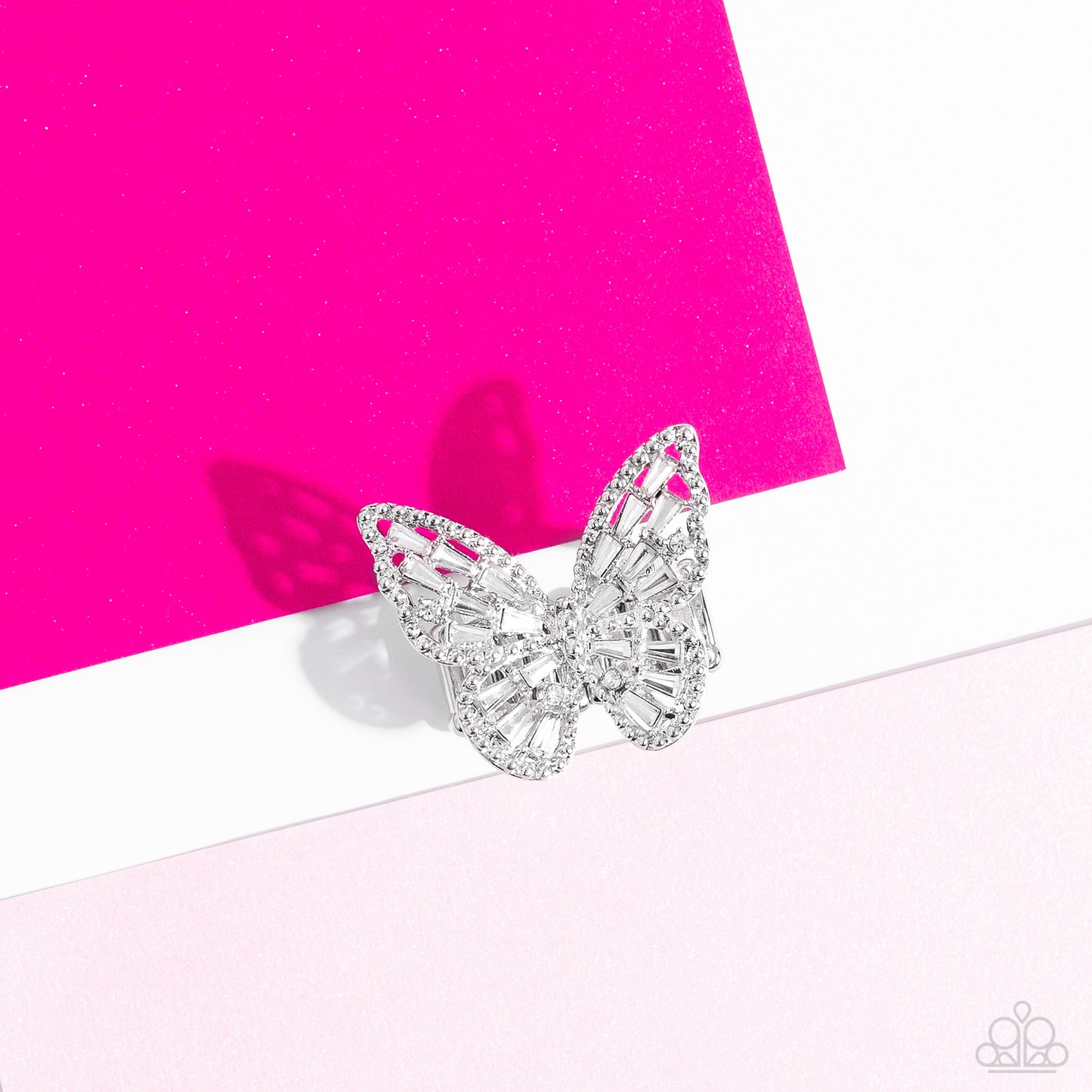 Bright-Eyed Butterfly - White Rhinestone Butterfly Ring Paparazzi R0071