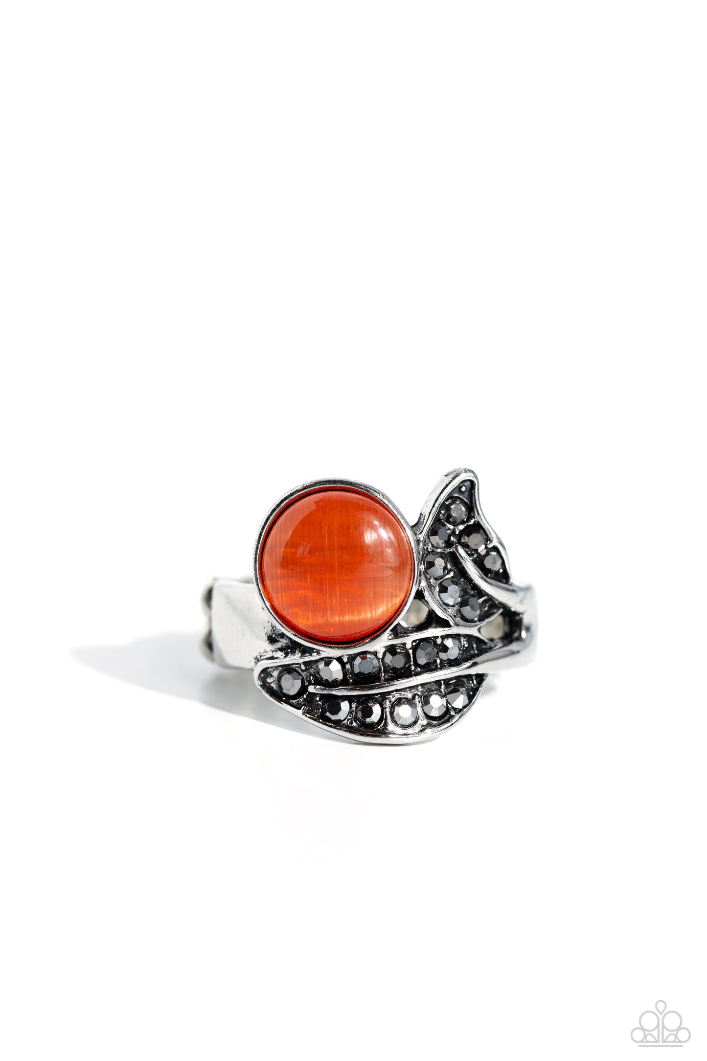 Cats Eye Candy - Orange Cat's Eye Stone & Hematite Rhinestone Silver Leaf Ring Paparazzi R0532