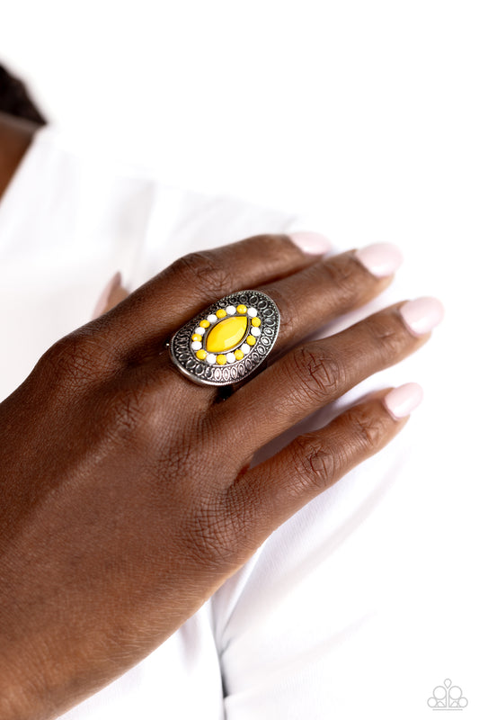 ARTISAN Expression - Yellow Samoan Sun & White Bead Ring Paparazzi R0616