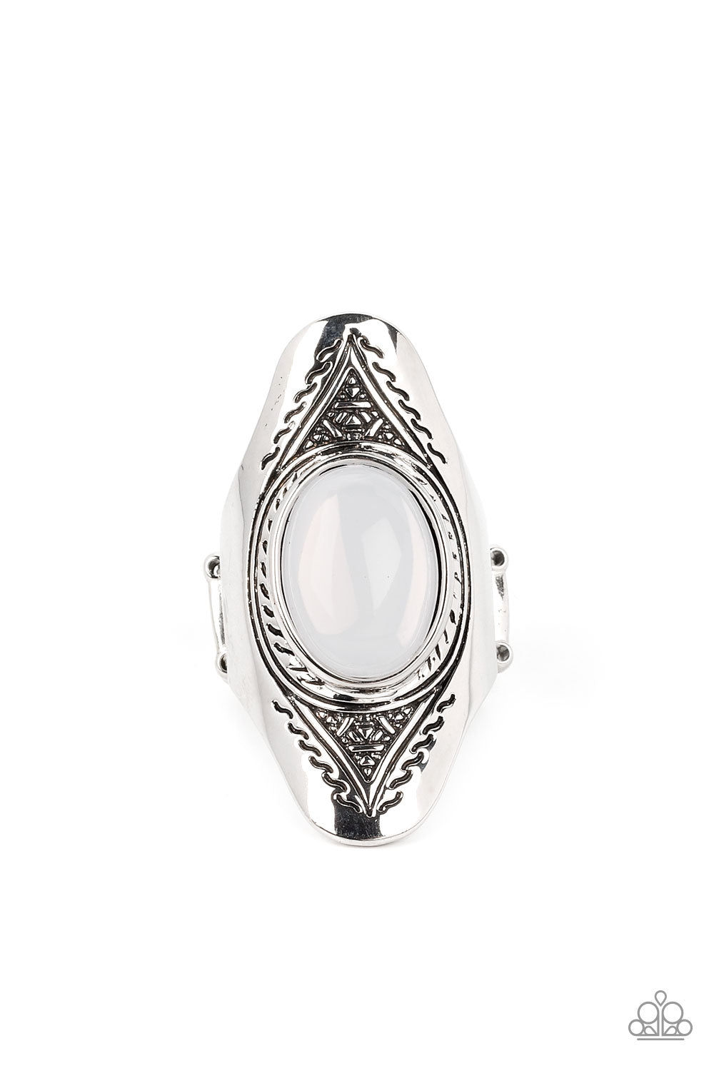 Pyramid Passage - White Glassy Opal Bead Silver Ring Paparazzi R0521