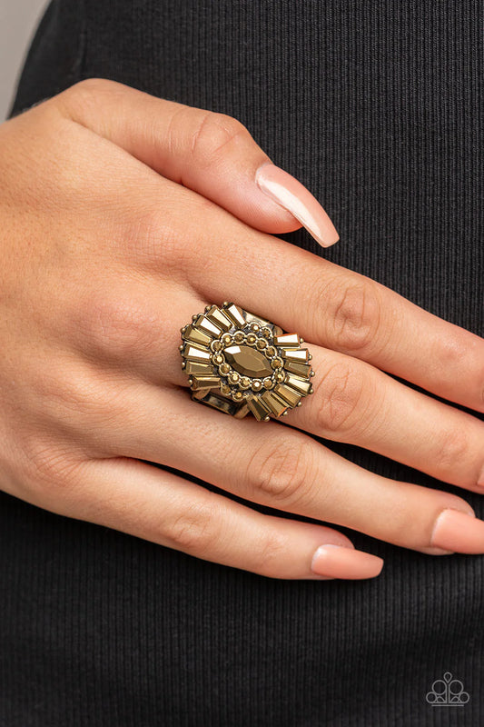 Darlingly Deco Brass Aurum Rhinestone Ring Paparazzi R0444