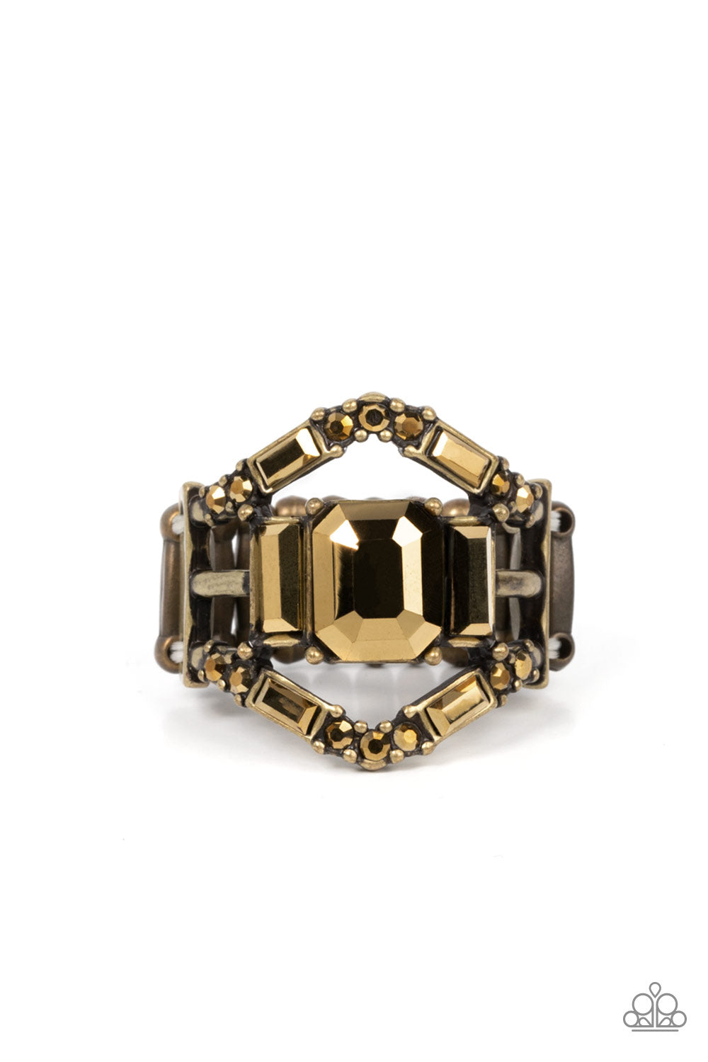 Jazzy Jewels - Brass Aurum Rhinestone Ring Paparazzi R0415