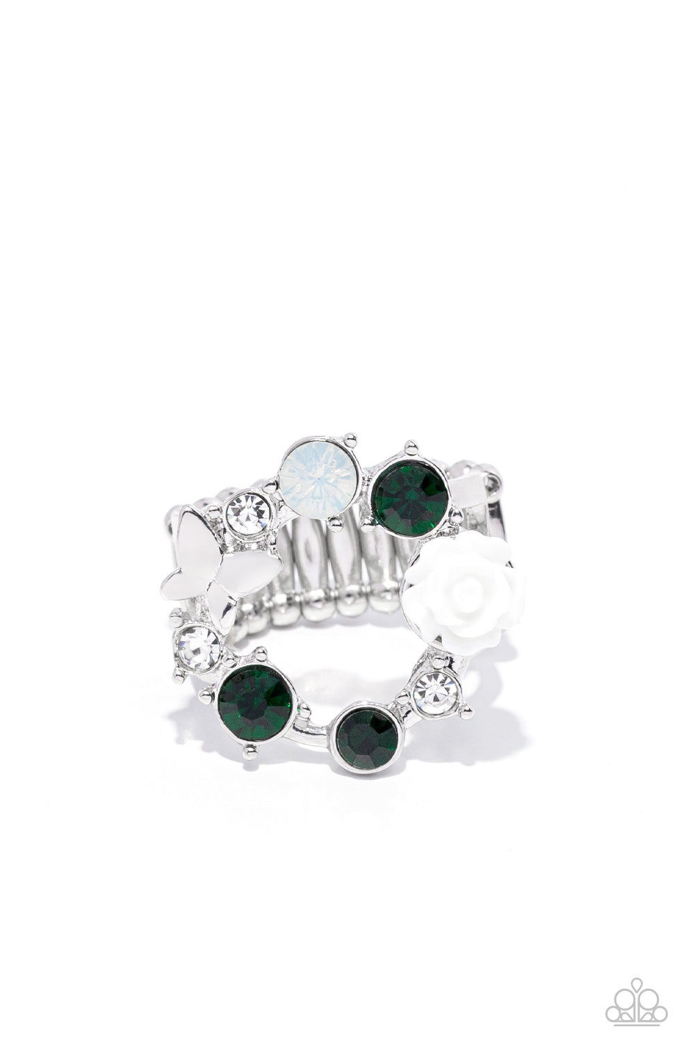 Butterfly Bustle - Green, Opal And White Rhinestone, Rosebud, Silver Butterfly Ring Paparazzi R0335 Convention Exclusive