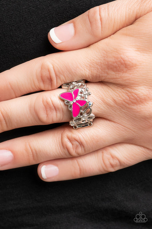 All FLUTTERED Up - Pink Butterfly & Iridescent Rhinestone Ring Paparazzi R0349