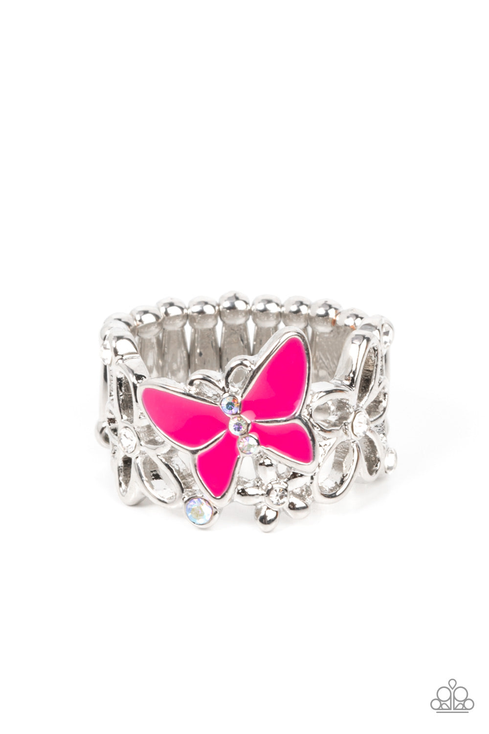 All FLUTTERED Up - Pink Butterfly & Iridescent Rhinestone Ring Paparazzi R0349