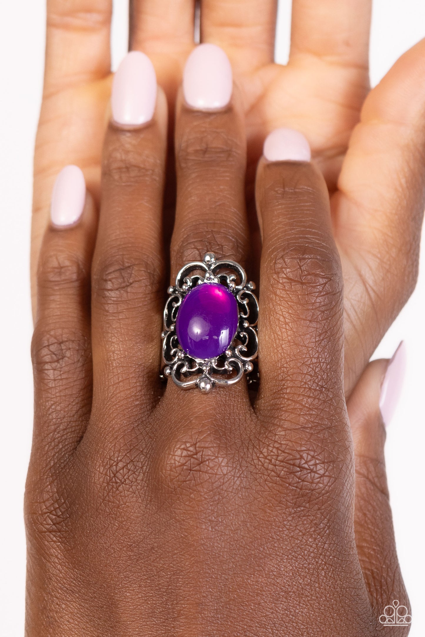 Happily EVERGLADE After - Purple Glassy Bead Silver Filigree Ring Paparazzi R0207