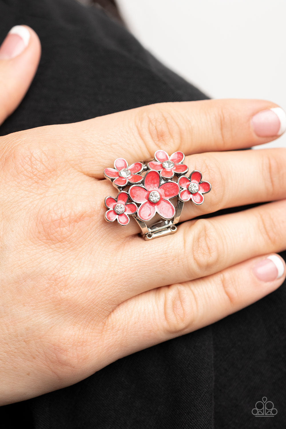 Boastful Blooms - Red Shiny Blooms & White Rhinestone Center Flower Ring Paparazzi R0324