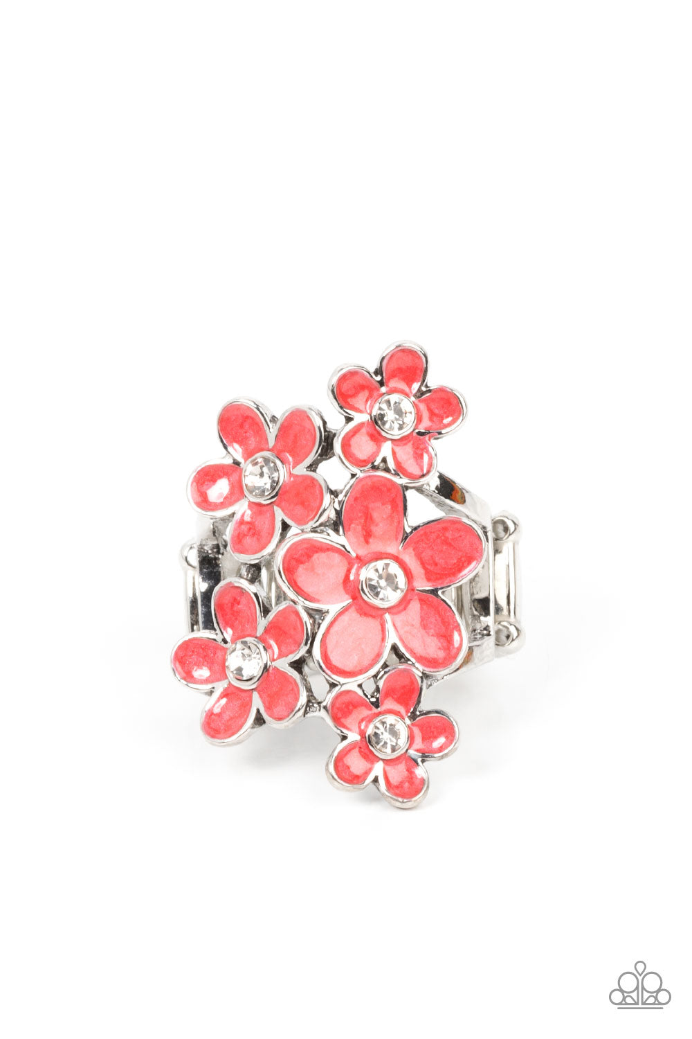 Boastful Blooms - Red Shiny Blooms & White Rhinestone Center Flower Ring Paparazzi R0324