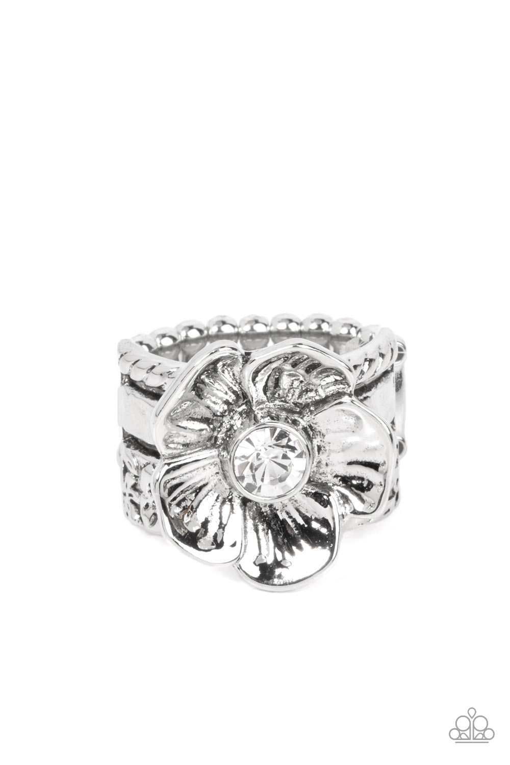 Prismatically Petunia - White Rhinestone Flower Ring Paparazzi