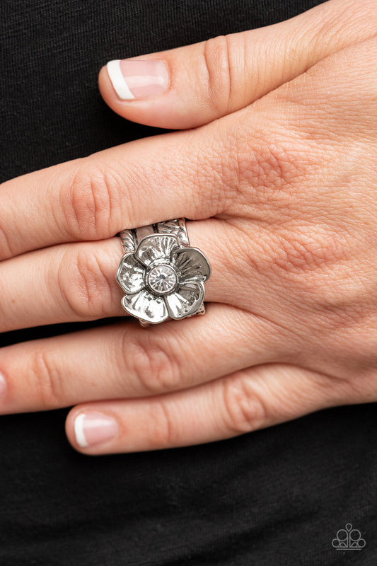 Prismatically Petunia - White Rhinestone Flower Ring Paparazzi