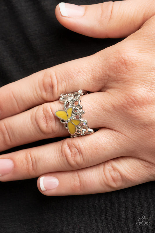 All FLUTTERED Up - Yellow Butterfly & Iridescent Rhinestone Ring Paparazzi R0381