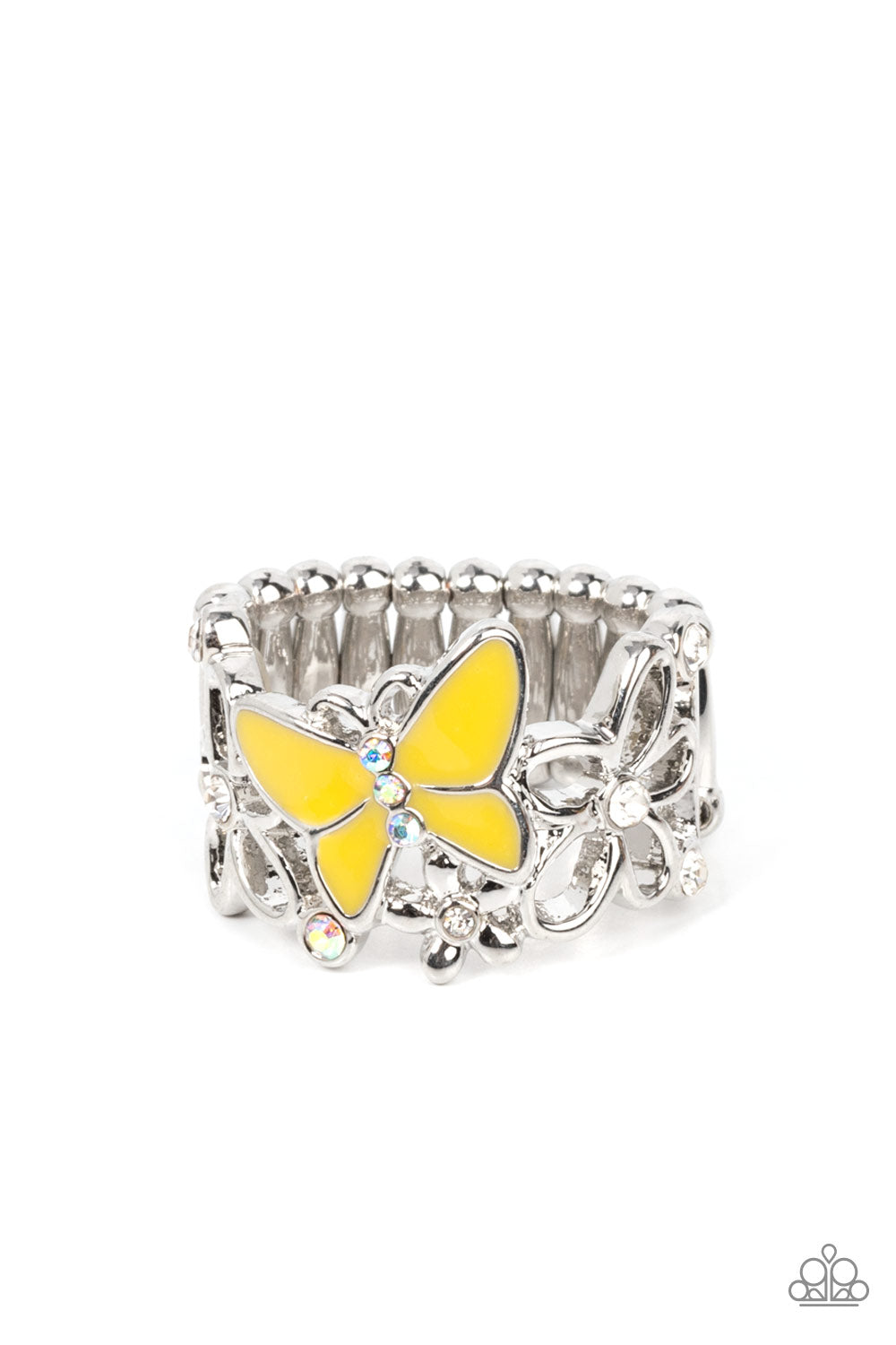 All FLUTTERED Up - Yellow Butterfly & Iridescent Rhinestone Ring Paparazzi R0381