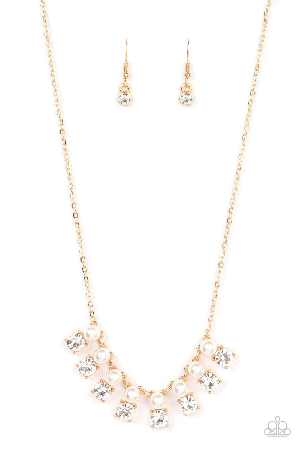 Dashingly Duchess - Gold White Pearl And Rhinestone Necklace Paparazzi N0812