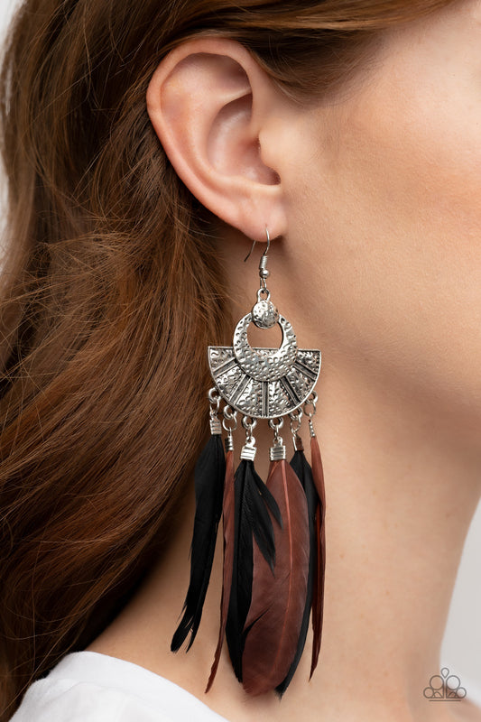 Plume Paradise - Multi Black Brown Feather Earring Paparazzi E0695