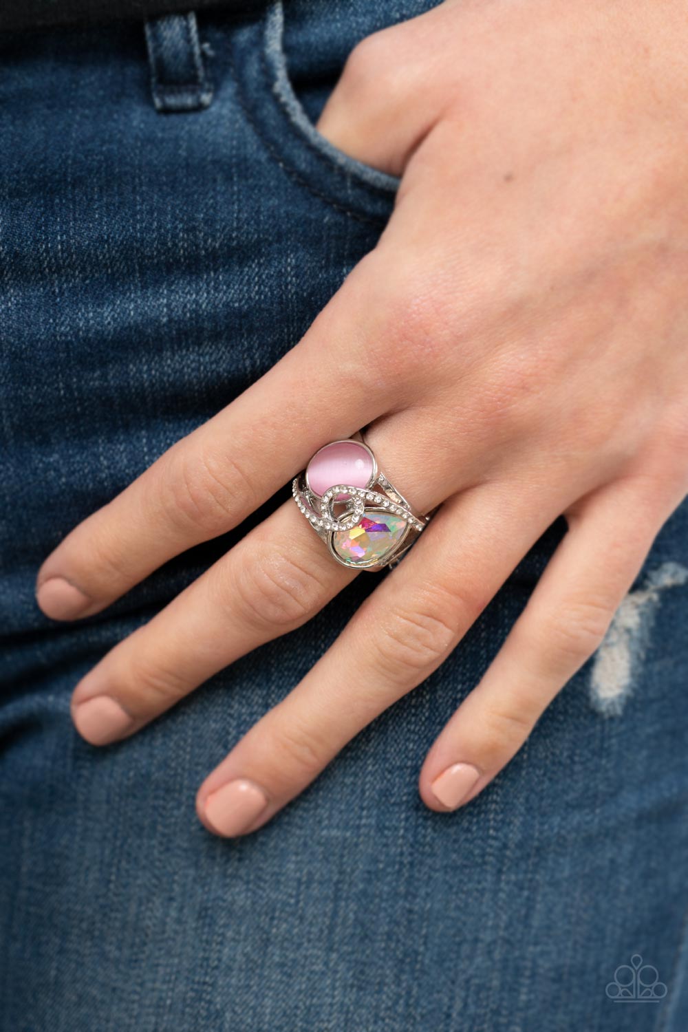 SELFIE-Indulgence - Pink Cat's Eye With Iridescent Teardrop Gem Ring Paparazzi R0301