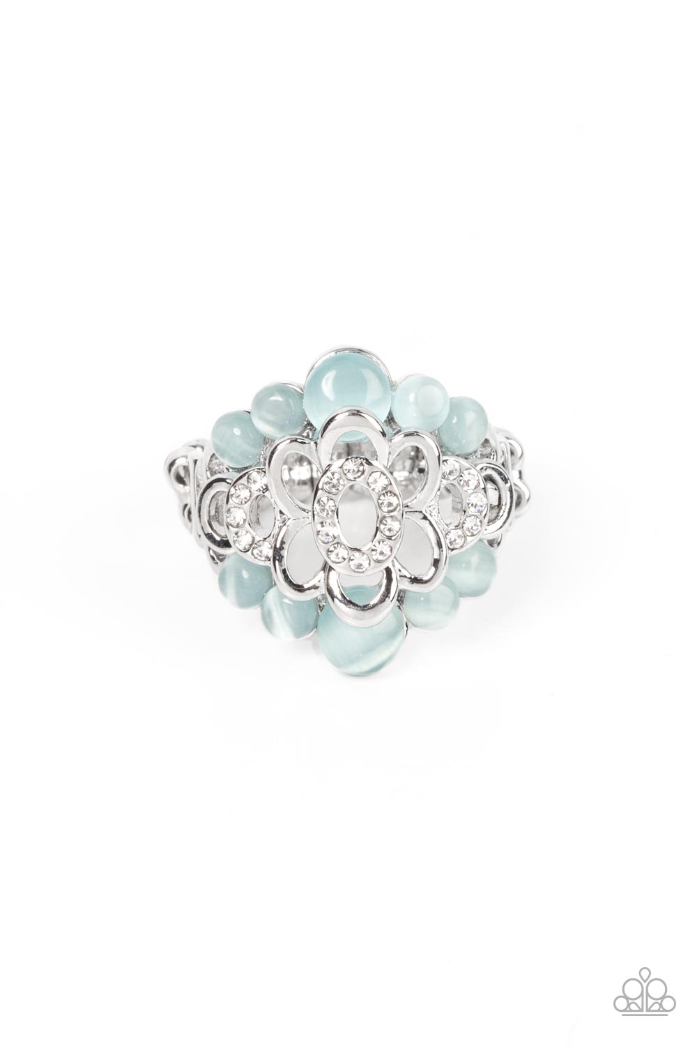 Eden Equinox - Blue Cat's Eye Stone White Rhinestone Flower Ring Paparazzi R0200