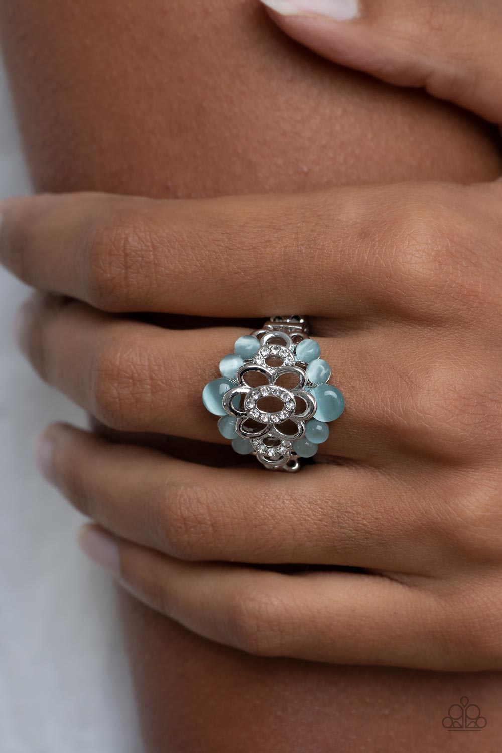 Eden Equinox - Blue Cat's Eye Stone White Rhinestone Flower Ring Paparazzi R0200