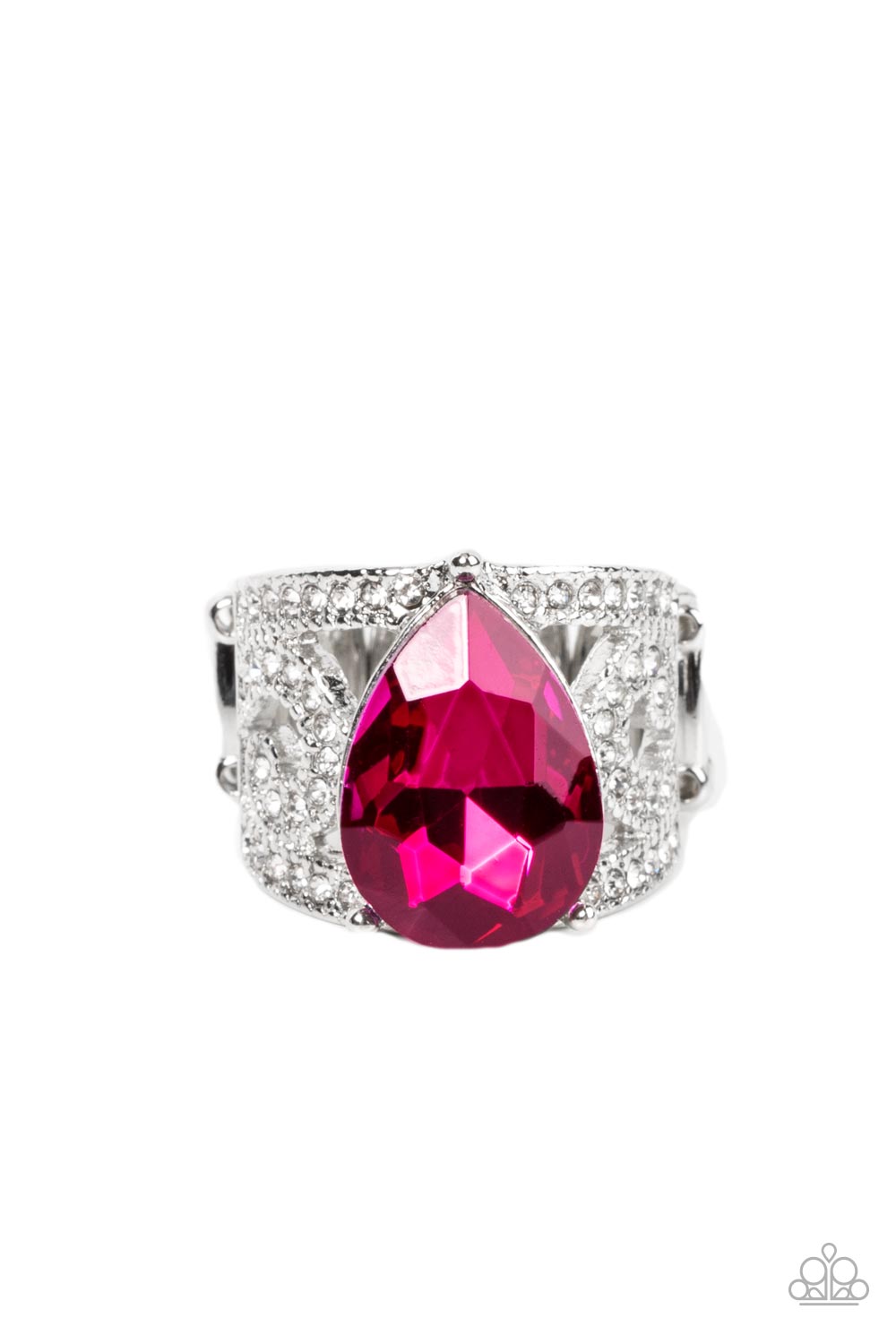 Kinda a Big Deal - Pink Teardrop Gem Filigree White Rhinestone Ring Paparazzi R0441