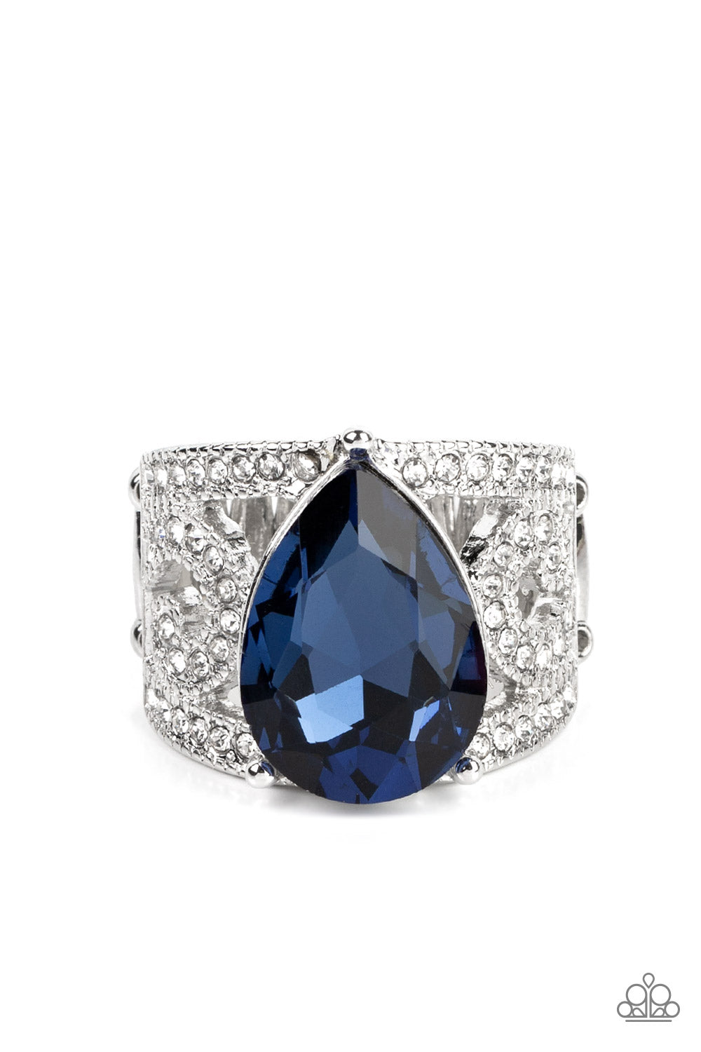 Kinda a Big Deal - Blue Polar Night And White Rhinestone Filigree Ring Paparazzi R0332 Convention Exclusive