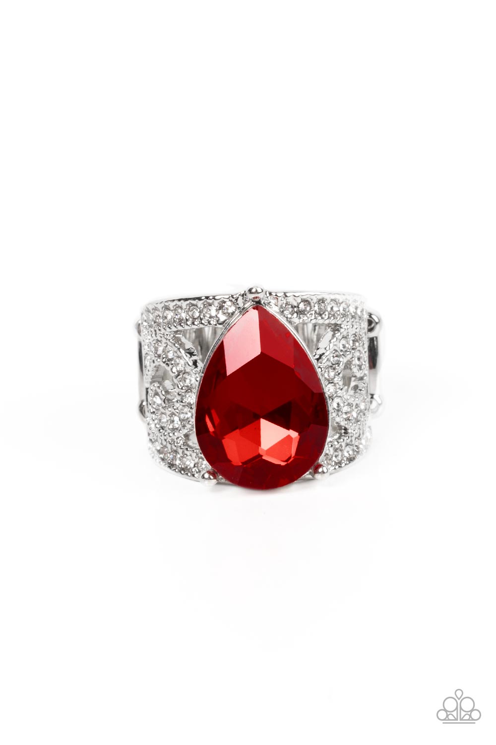 Kinda a Big Deal - Red Teardrop Gem White Rhinestone Ring Paparazzi R0410