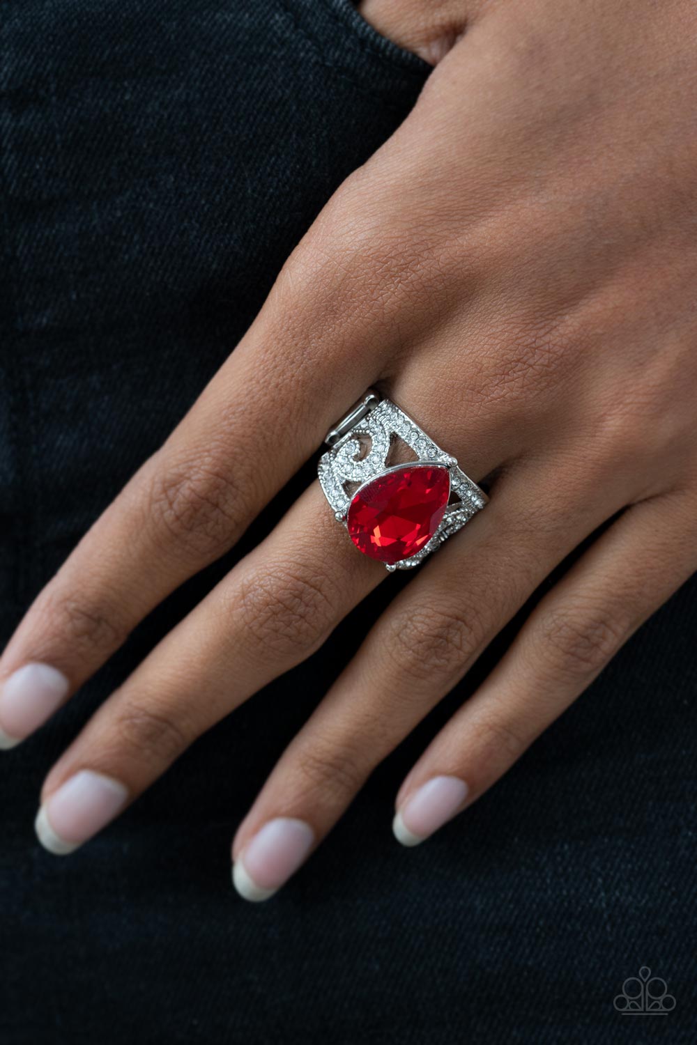 Kinda a Big Deal - Red Teardrop Gem White Rhinestone Ring Paparazzi R0410