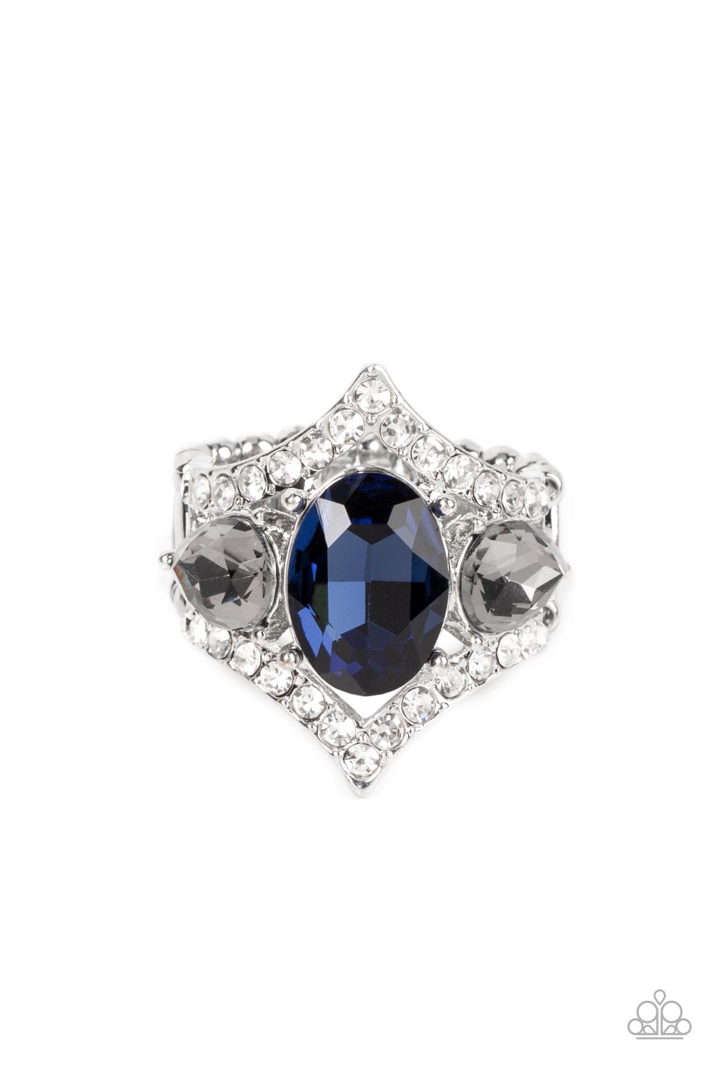 Bow Down to Dazzle - Blue Gem Smoky & White Rhinestone Ring Paparazzi R0461