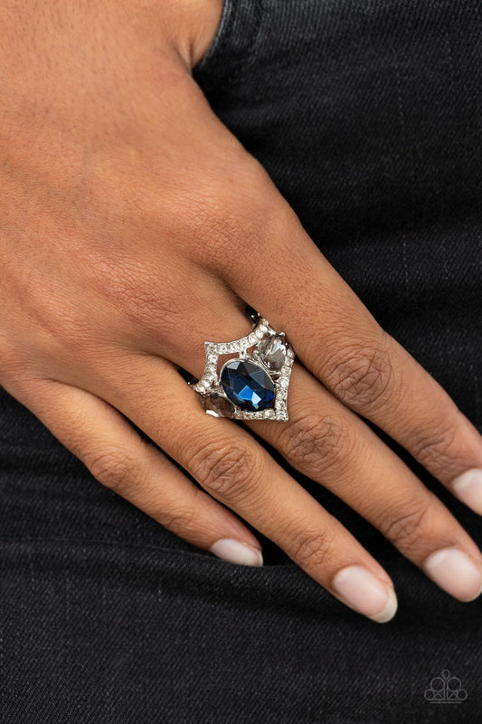 Bow Down to Dazzle - Blue Gem Smoky & White Rhinestone Ring Paparazzi R0461