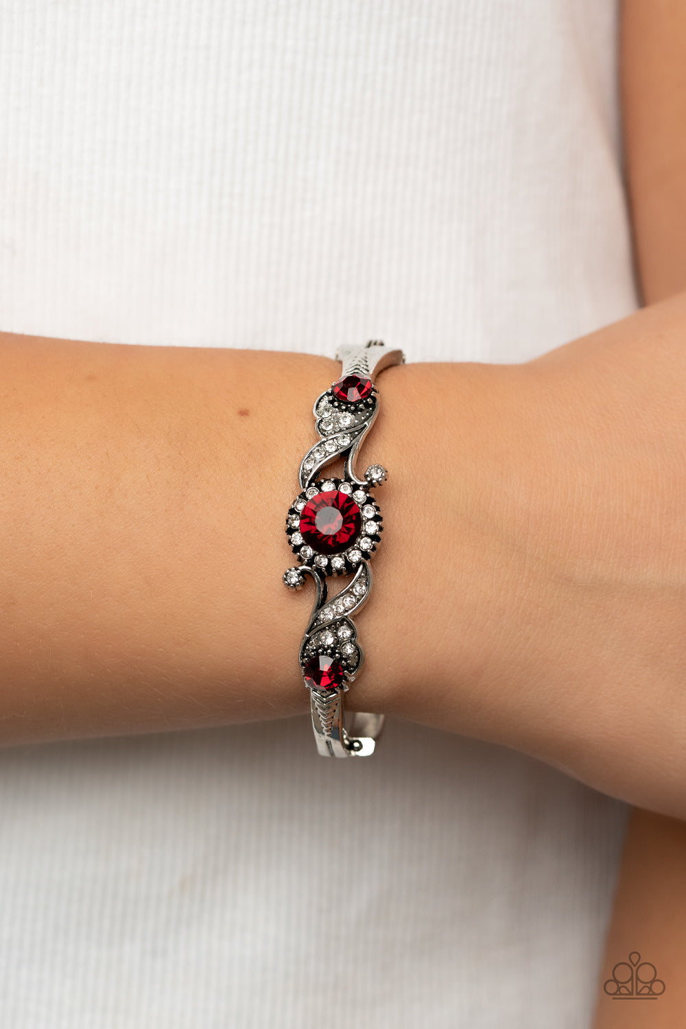 Expert Elegance - Red And White Rhinestone Hinge Bracelet Paparazzi B0706