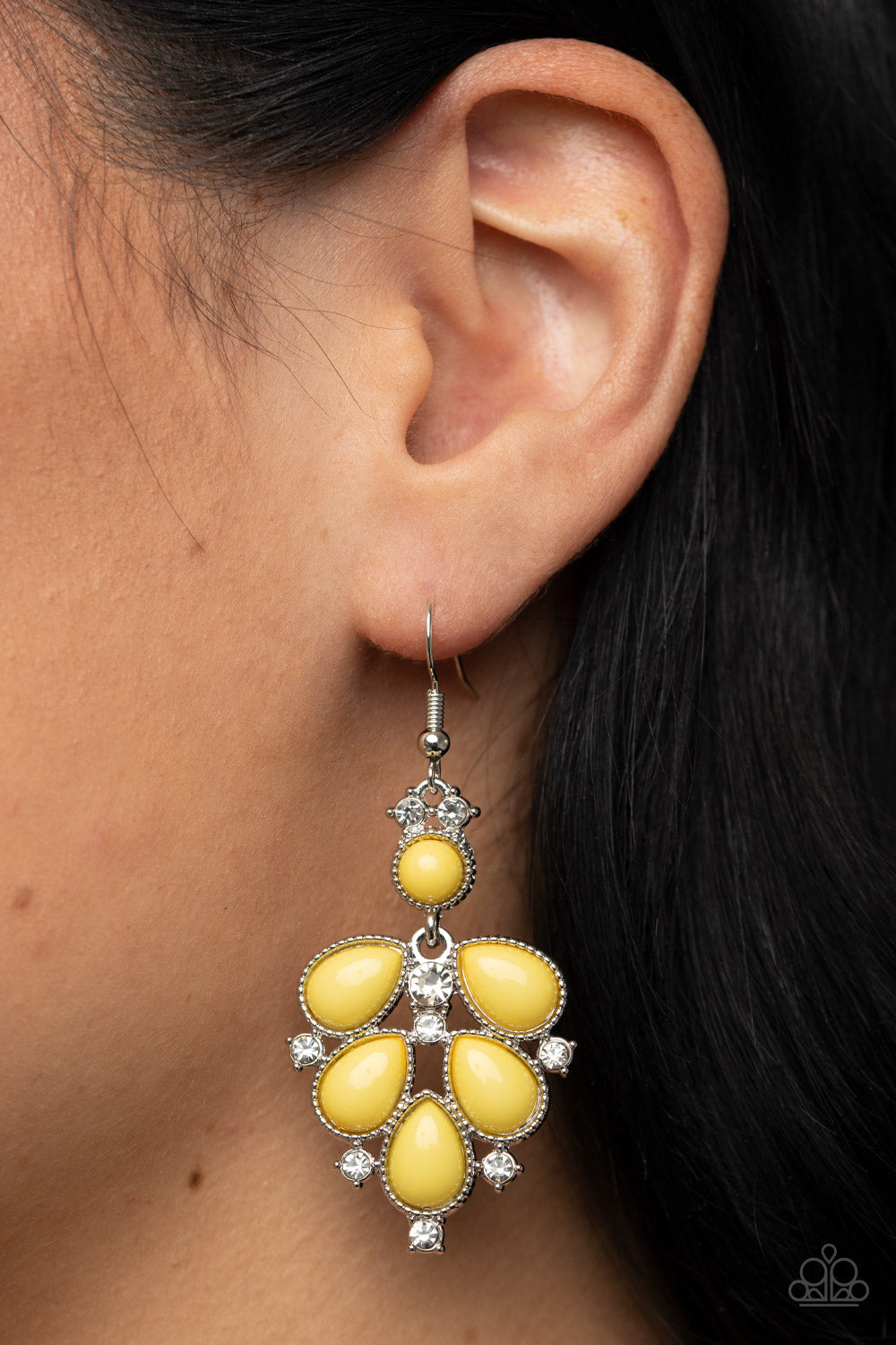 Transcendental Teardrops - Yellow Teardrop Bead White Rhinestone Earring Paparazzi E0743