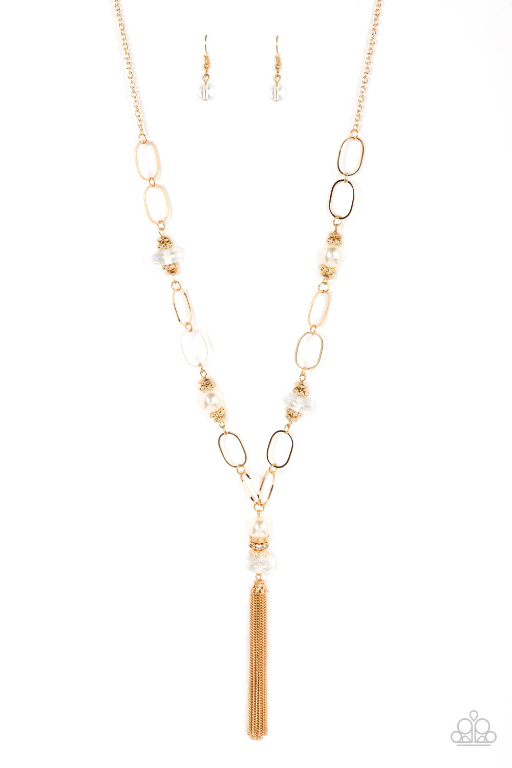 Taken with Tassels - Gold, White Pearl & Iridescent Bead Tassel Necklace Paparazzi N1386