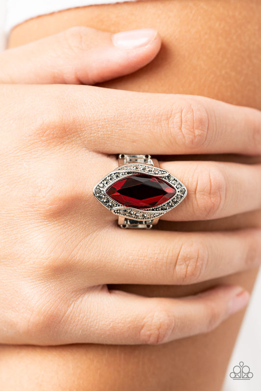 Let Me Take a REIGN Check - Red Gem And Hematite Rhinestone Ring Paparazzi R0375