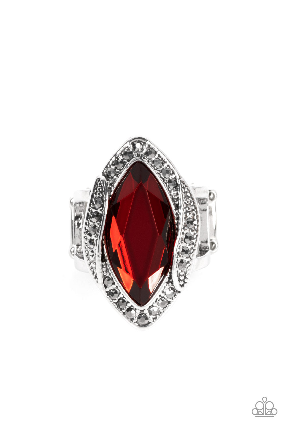 Let Me Take a REIGN Check - Red Gem And Hematite Rhinestone Ring Paparazzi R0375