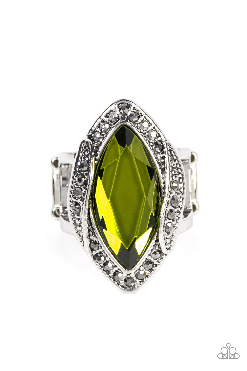 Let Me Take a REIGN Check - Green Gem & Silver Hematite Rhinestone Ring Paparazzi R0406