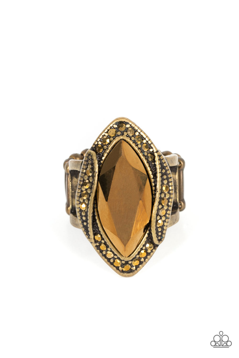 Let Me Take a REIGN Check - Brass Aurum Rhinestone & Gem Ring Paparazzi R0407