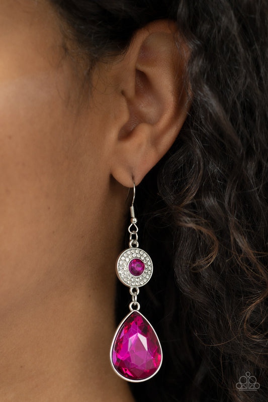 Collecting My Royalties - Pink Fuchsia Fedora Rhinestone Earring Paparazzi E1087