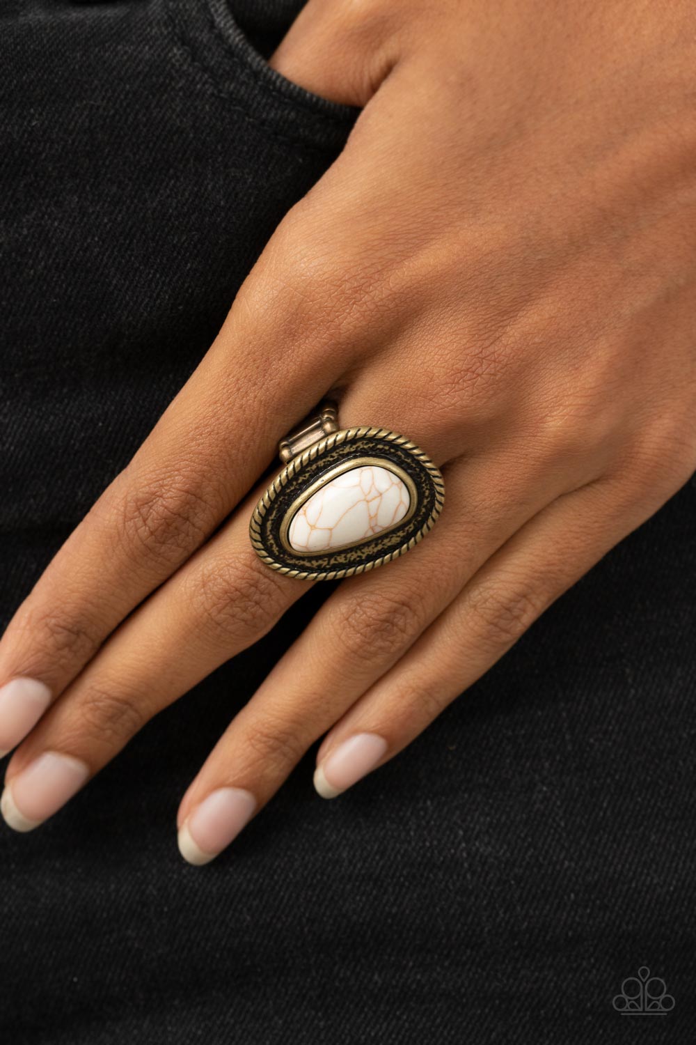 Downtown Desertscape - Brass Frame White Stone Santa Fe Style Ring Paparazzi R0350