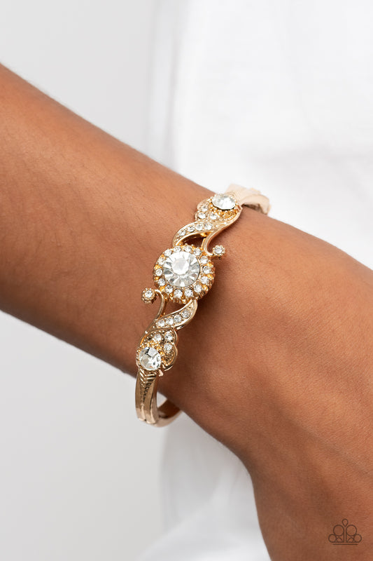 Expert Elegance - Gold & White Rhinestone Hinge Bracelet Paparazzi B0855