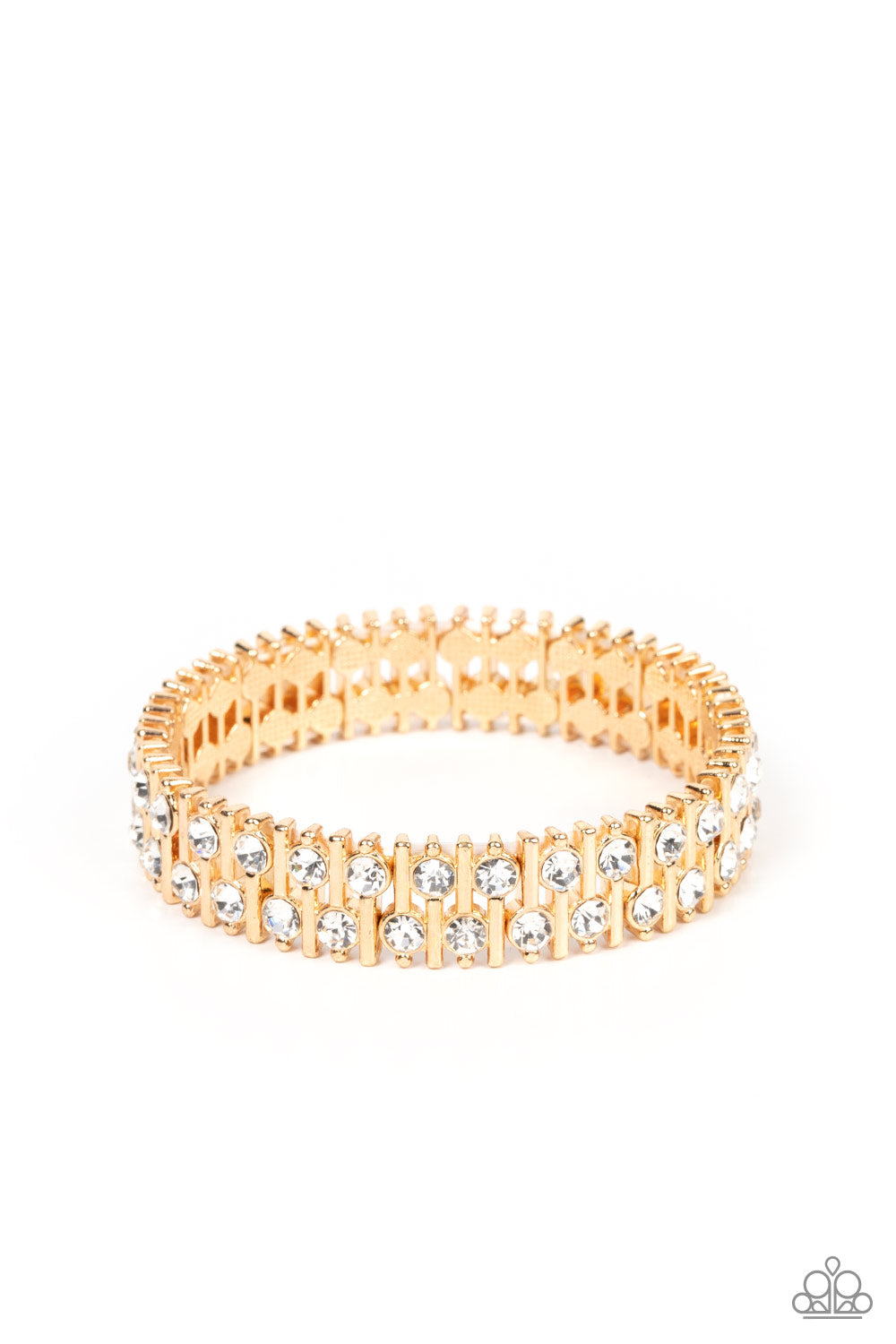 Generational Glimmer - Gold White Rhinestone Stretch Bracelet Paparazzi B0858