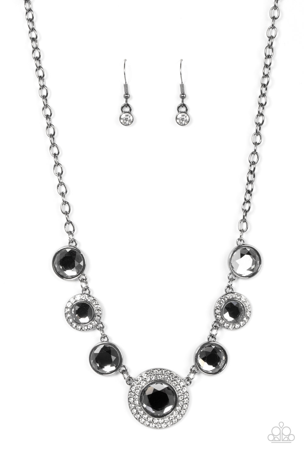 Extravagant Extravaganza Black Gunmetal Chain Smokey Gem White Rhinestone Necklace Paparazzi N0991