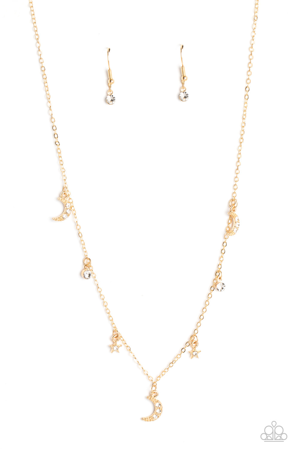 Lunar Lagoon - Gold White Rhinestone Moon And Star Charm Necklace Paparazzi N1136