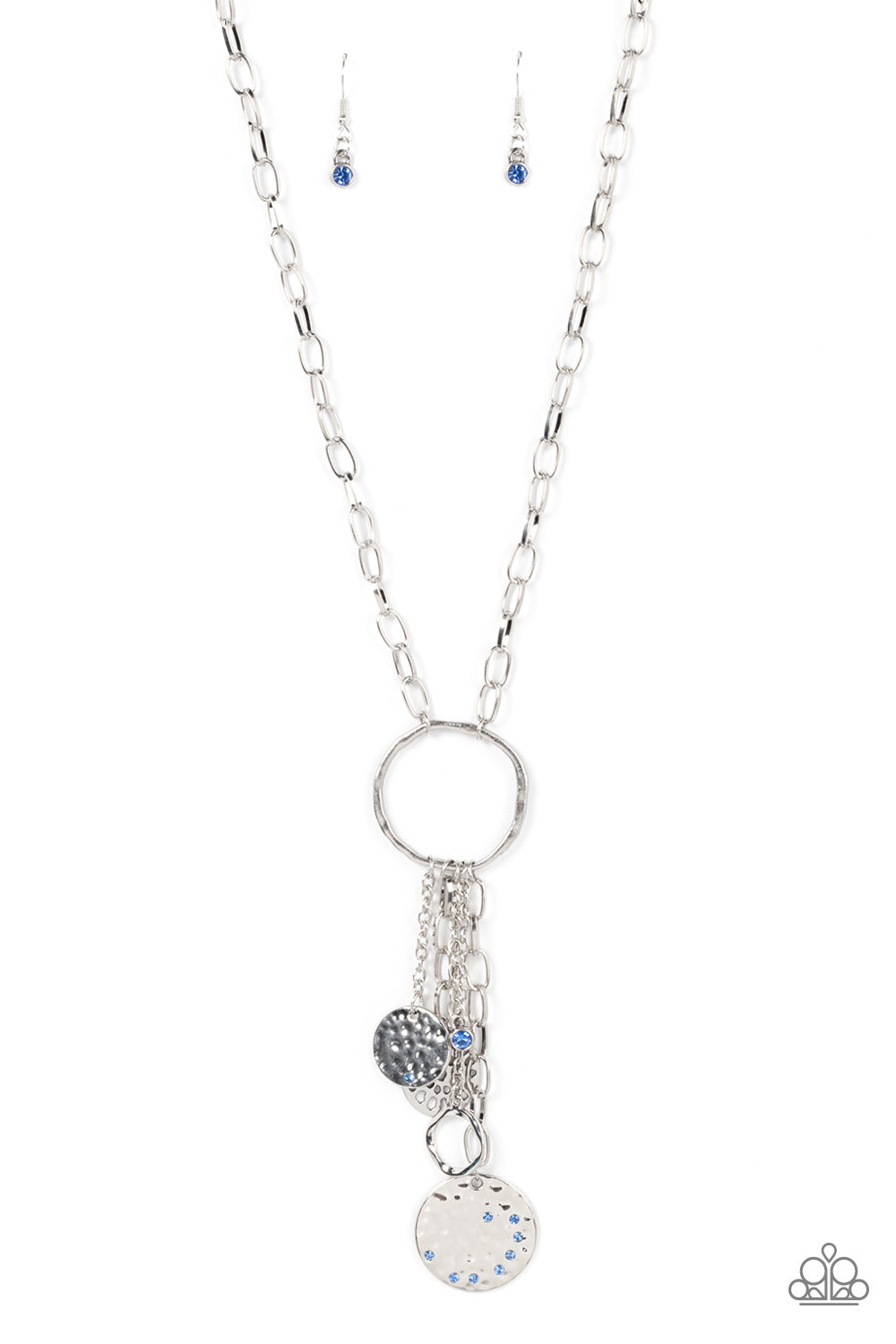 Trinket Twinkle - Blue Rhinestone Silver Hammered Round Disc Necklace Paparazzi N1032