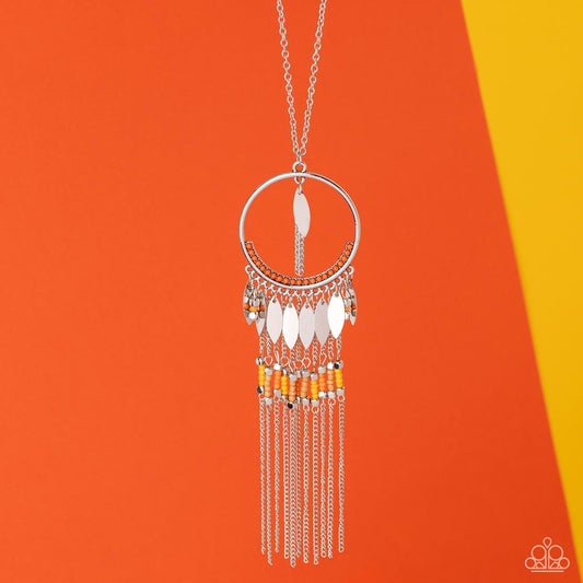 Dancing Dreamcatcher - Orange, Silver, Yellow Brown Seed Bead Silver Leaf Hoop Necklace Paparazzi N1123