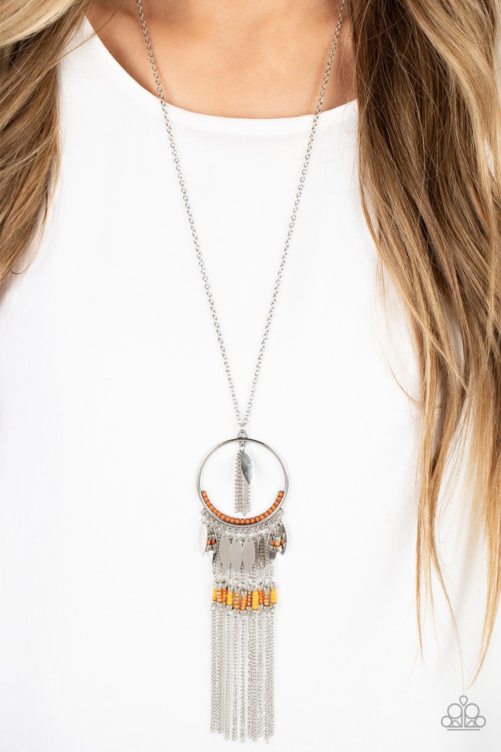 Dancing Dreamcatcher - Orange, Silver, Yellow Brown Seed Bead Silver Leaf Hoop Necklace Paparazzi N1123